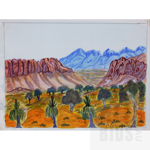 Betty Wheeler Naparrula (born 1914, Arrernte language group), Untitled (Central Australian Landscape), Watercolour, 19 x 25 cm