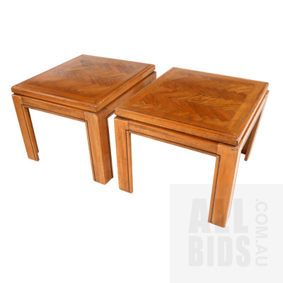 Pair of Drexel Marquetry Top Lamp Tables