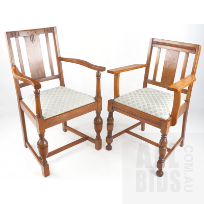 Near Pair of Vintage Oak Arm Chairs with Art Decorated Fabric Upholstery