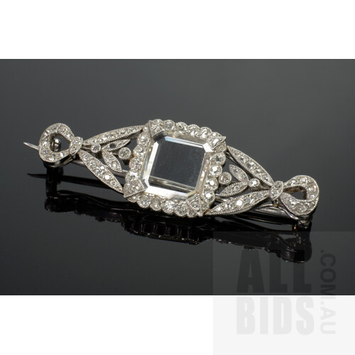 Good Antique Art Deco Bow Brooch in Platinum with Old Mine Cut Diamonds and Emerald Shaped Flat Rock Crystal, 6.9g