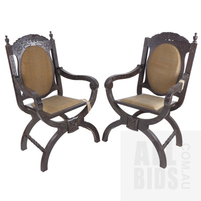 Pair of Vintage Ebonized Pine Campaign Armchairs