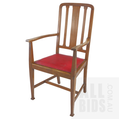 Vintage Oak Carver Chair with Red Vinyl Seat, Early to Mid 20th Century