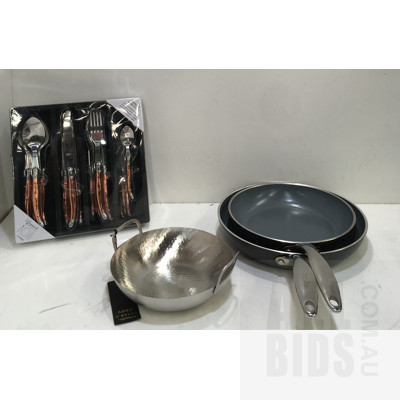 Laguiole Etiquette 24-Piece Rose Gold Cutlery Set, Adam D'Sylva Stainless Steel Serving Bowl And Greenpan Frying Pans