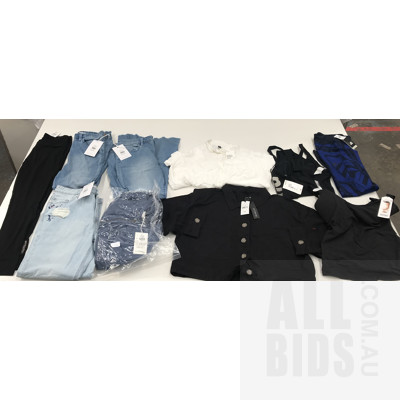 Assorted Designer Women's Large clothing Including Jeans, Shirts, Jackets, and Leggings - Lot of 10