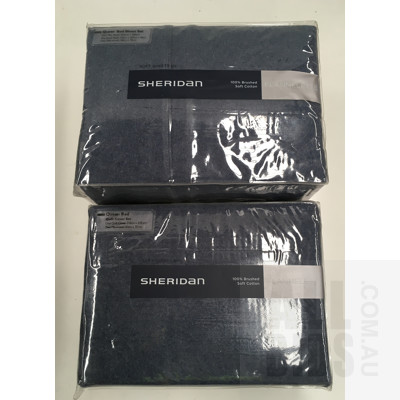 Sheridan Denim Marl Flannelette Queen Size Bed Sheet Set And Quilt Cover Set - Lot Of Two - ORP $500 Combined