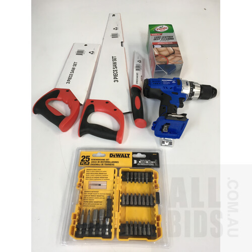 Tools Include - Greenlund 18V Cordless Drill (Skin Only) & Dewalt 25 Piece Screwdriver Set, TekRaft Three Piece Saw Set, Turtle Wax - Lot Of Four