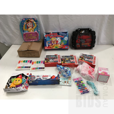 Assorted Kids Toys Including Transformers Sticker Kit, Pie Face Showdown Gaming And Tool Set