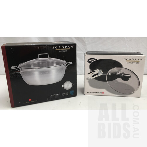 Scanpan Stainless Steel Impact 32cm/8.5L Covered Stew Pot And Evolution 26cm/4L Covered Low Sauce Pot - ORP $350 Combined