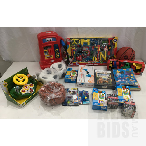 Assorted Kids Toys Including John Deere Busy Driver, Mickey Mouse Mouse Kadoer Tool Set And Little Tikes Cozy Pumper