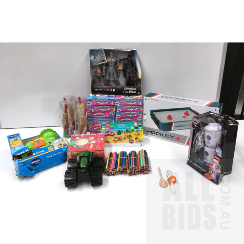 Assorted Kids Toys Including Justice League Batman Action Figure, Championship Cup Mini Air Hockey and More