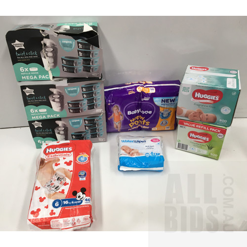 Huggies Baby Nappies, Wet Wipes and Tommee Tippee Twist and Click Nappy Bin - Lot of 8
