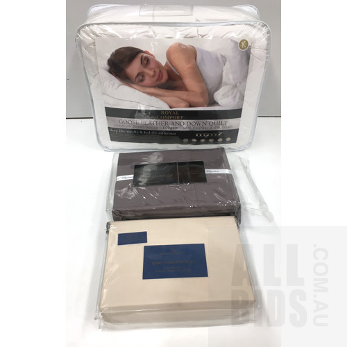 Royal Comfort King Size Goose Feather and Gown Quilt, Daniel Brighton Fitted Combo Sheet Set and More