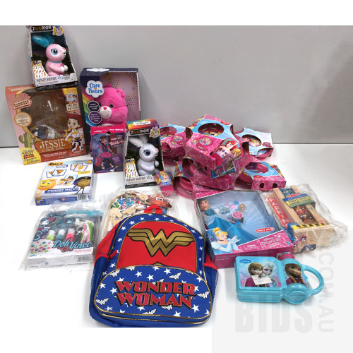 Bulk Lot of Girls Toys and Accessories Including Wonder Woman Backpack, Zoomer Hungry Bunnies and More