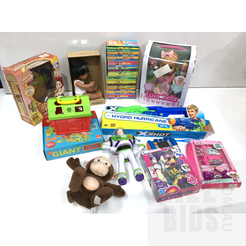 Assorted Lot of Kids Toys Including Buzz Lightyear Action Figure, Luva Bella Doll, Toy Story Jesse Doll and More