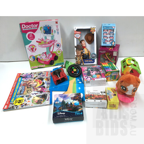Assorted Kids Toys and Accessories Including Toy Story Talking Woody, Medical Play Set, Disney 750 Piece Puzzle and More