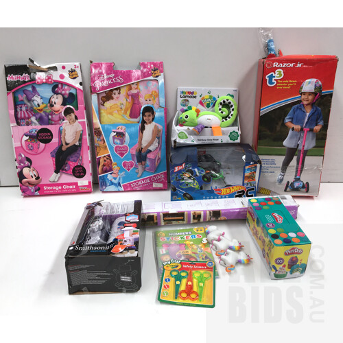 Assorted Kids Toys and Accessories Including Rasor's T3 Scooter, Disney Princess Story Chair, Smithsonian Spaceship and More