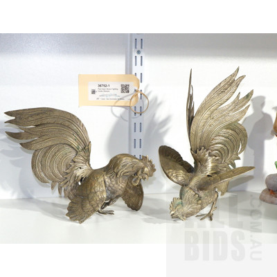 Pair Vintage Asian Brass Fighting Roosters 