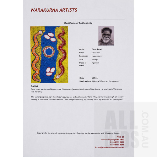 Peter Tjarluri Lewis (1940-2010, Ngaanyatjarra language group), Kuniya 2006, Acrylic on Canvas, 51 x 76 cm