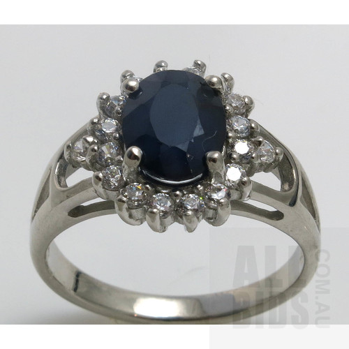 Sterling Silver Blue Sapphire & CZ Halo Ring