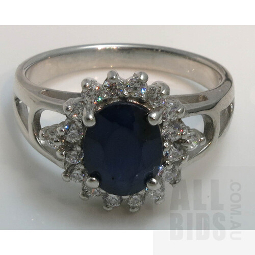 Sterling Silver Blue Sapphire & CZ Halo Ring