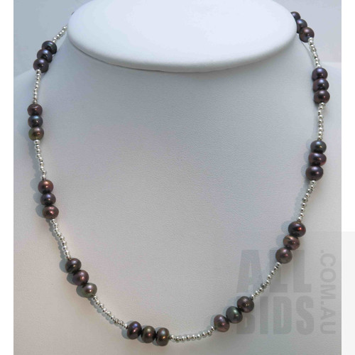 Sterling Silver Necklace threaded with beads & Peacock Black Pearls