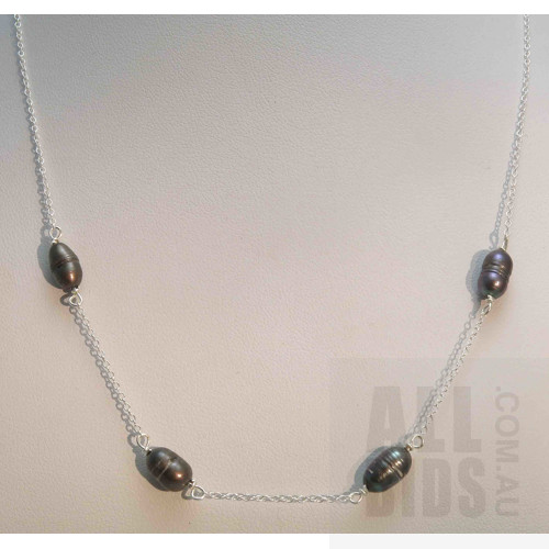 Sterling Silver Necklace -threaded with Peacock Black Freshwater Pearls