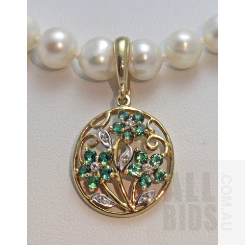 9ct Gold Emerald & Diamond Pendant with Pearl Enhancer clip