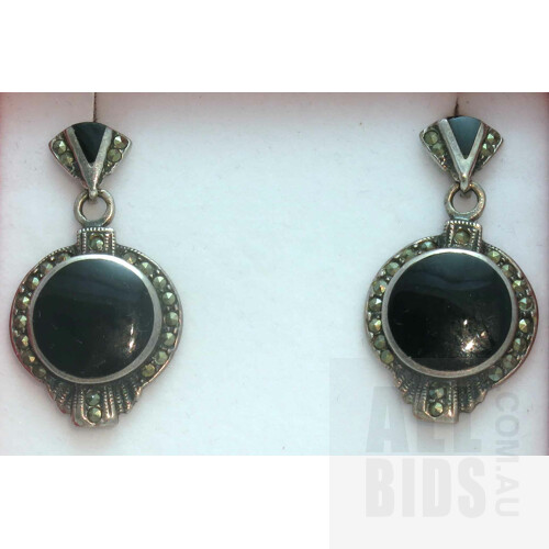Vintage Silver Marcasite & Onyx Earrings