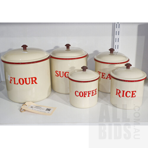 Graduated Set of Five Enamel Ware Kitchen Canisters with Bakelite Knobs