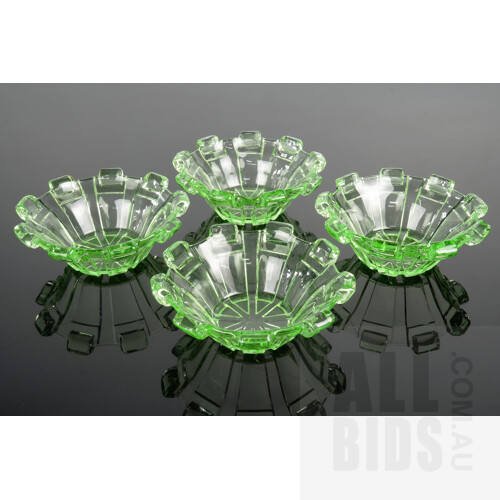 Four Uranium Glass Ribbed Bowls