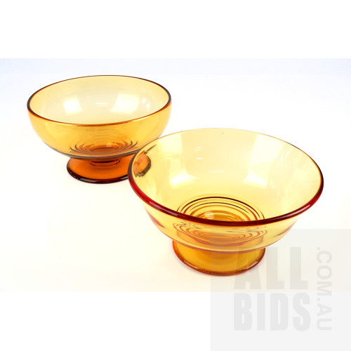 Two Vintage Stuart Orange Glass Footed Bowls