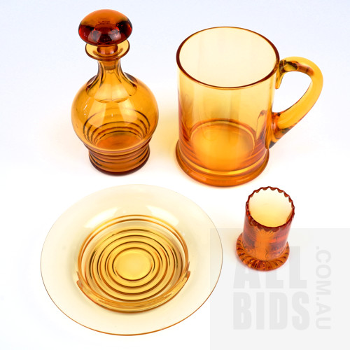 Vintage Stuart Orange Glass Tankard and Wine Coaster and Similar Orange Glass Vinegar Bottles and Toothpick Holder