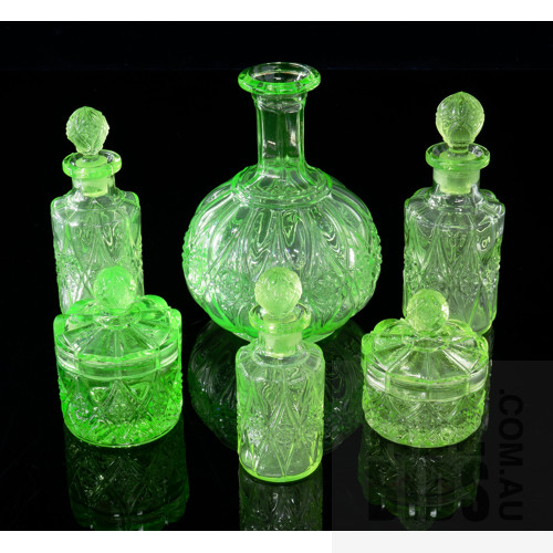 Vintage Matching Uranium Glass Six Piece Dressing Table Set
