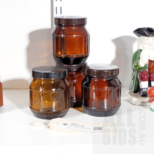 Set of Four Vintage Dark Amber Glass Jars with Early Plastic Lids
