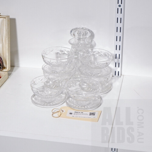 Six Stuart Cut Crystal Dessert Comports and a Cut Glass Jar