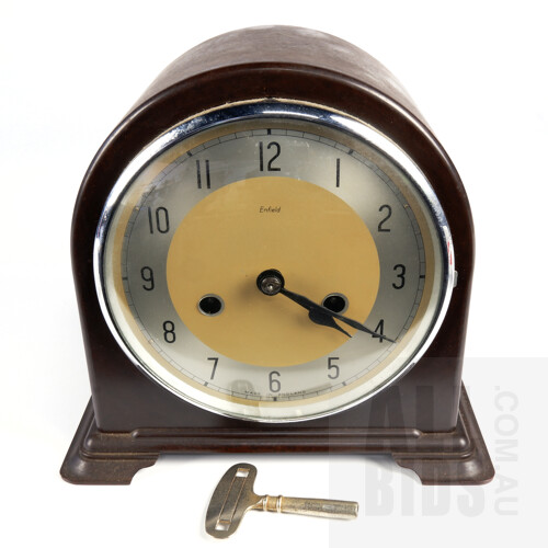 Vintage English Enfield Bakelite Cased Mantle Clock with Pendulum and Key