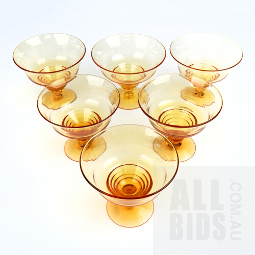 Six Antique Stuart Orange Glass Dessert Comports, Rd 681649, Circa 1921