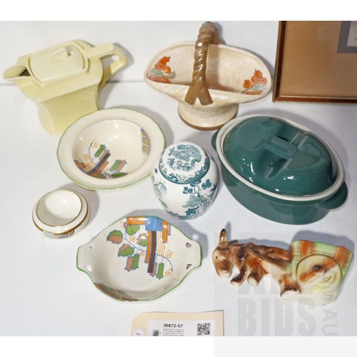 English Art Deco Teapot, Masons Ginger Jar, Bakewell's Tureen, Crown Ducal Lusterware Basket Vase, Royal Doulton and More