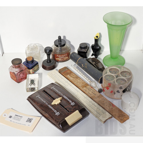 Vintage Teledex T27 Deluxe Index, Boxed Italian Suave Matches, Ink Bottles, Slide Rules, Vintage Laboratory Hydrometer and More