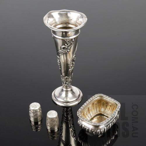 London Sterling Silver Trumpet Vase 1899, Birmingham Sterling Silver Open Salt 1899 and Two Silver Thimbles