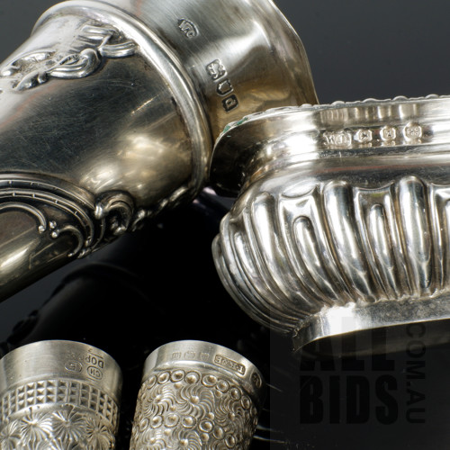 London Sterling Silver Trumpet Vase 1899, Birmingham Sterling Silver Open Salt 1899 and Two Silver Thimbles