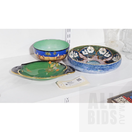Vintage Carlton Ware Vert Royal Dish, Grimwades Byzanta War Lustre Bowl and H & K Tunstall Bowl with Arabian Motif 