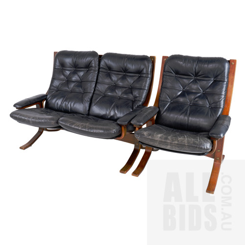 Vintage Danish Deluxe Bentwood and Black Leather Two Seater Lounge with Matching Armchair