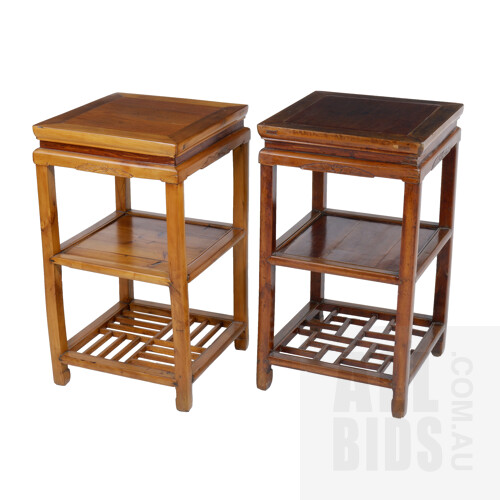Near Pair of Chinese Cypress Side Tables with Hardwood Tops, 19th Century