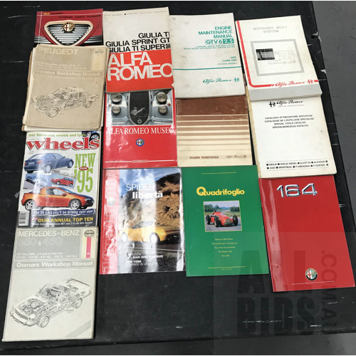 Assorted Lot Of Alfa Romeo, Peugeot And Mercedes  Magazines And Workshop Manuals