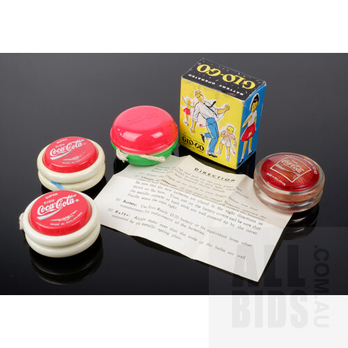 Three Coca-Cola Yoyo's, and a Glo-Go Yoyo in Original Box with Instructions, (4)
