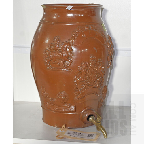 Antique English Victorian Ceramic Gin Barrel Crock with Brass Tap and Imprinted with Royal Coat of Arms