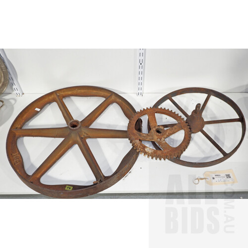 Two Vintage Iron Wheels and One Cast iron Cog Wheel