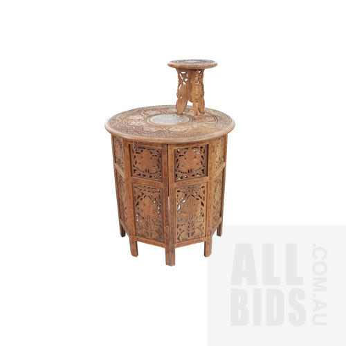 Indian Carved and Pierced Sandalwood Folding Table with Bone Inlay, and Similar Small Stand