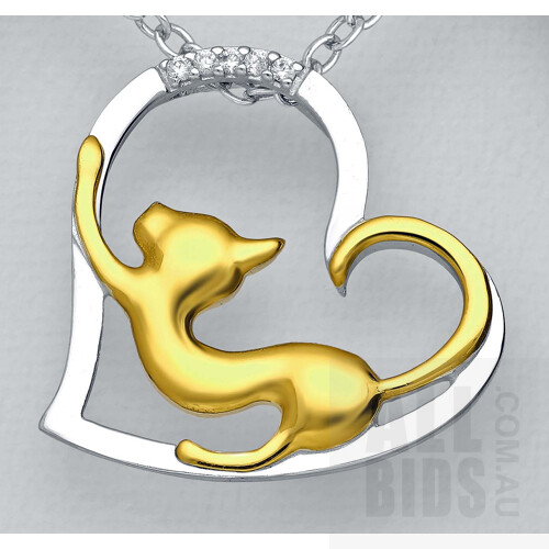 Sterling Silver Heart & Cat Pendant-set with CZs